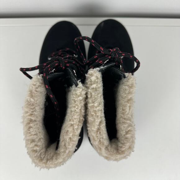 Forever 21 Womens Lace-Up Chunky Heel Fleece Faux Suede Black/Beige Booties 6 - Picture 3 of 10